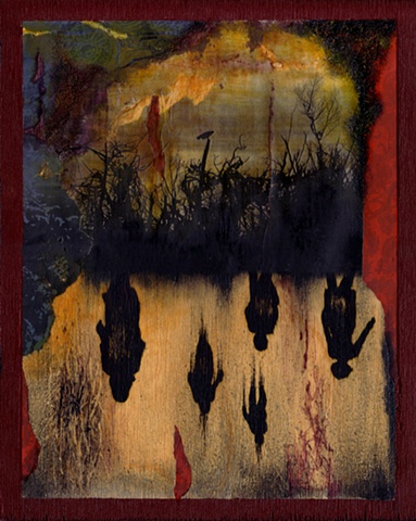 Mixed media collage on wood of forest brush with raven and night of the living dead zombie silhouettes refleted in water, by Bonnie Gloris.