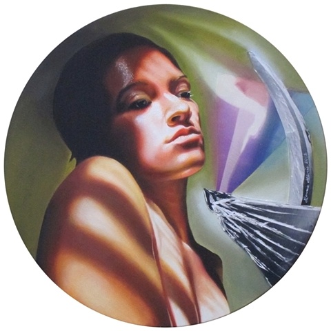 Oil painting circular portrait of nude woman with shadows from window shades, broken glass pointed at her neck, by fine artist Bonnie Gloris.