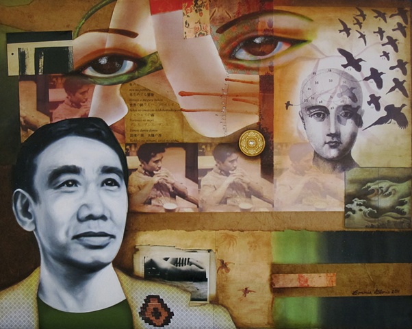 Mixed media collage and oil painting portrait of Japanese author Haruki Murakami, with phrenology head and flock of migrating birds and nude women, by Bonnie Gloris.