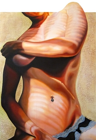 Oil painting erotic portrait of nude woman torso with lingerie navel belly button piercing, with shadows from window blinds, by fine artist Bonnie Gloris.