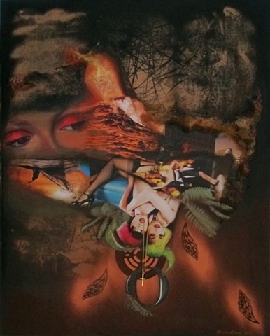 Mixed media collage of Asian lesbian burlesque dancers embracing in a surreal upside-down landscape of water, bamboo, mushrooms, ferns, and feathers, with hanging crucifix, by Bonnie Gloris. 
