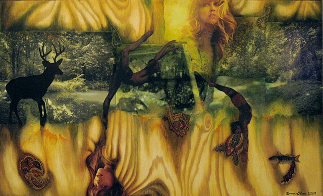 Mixed media collage on wood of murky swamp with deer and fish, acrobats diving in water and chased women having nightmares, by Bonnie Gloris. 