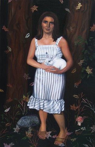 Oil painting with spray paint, portrait of woman in striped dress, in woods, holding rabbit, with falling leaves and mushroom, by fine artist Bonnie Gloris.