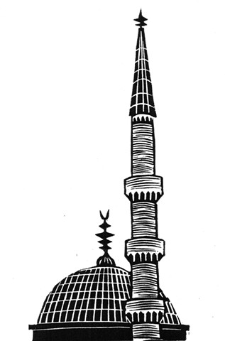 a linocut of a a dome and a minaret of Sulemaniye Mosque in Istanbul by Leslie Moore of PenPets. A book illustration for Saving Nails by Thomas R. Moore.