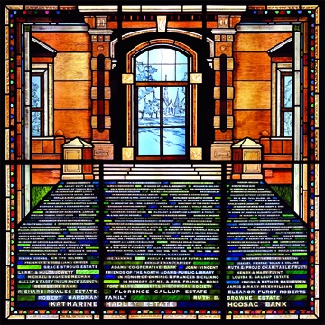 Stained glass donor recognition window for North Adams Public Library by Debora Coombs stained glass for public buildings colorful patterns, textures; traditional, medieval, colored glass, hand-painted & stained, kiln-fired. Donor names painted in stained