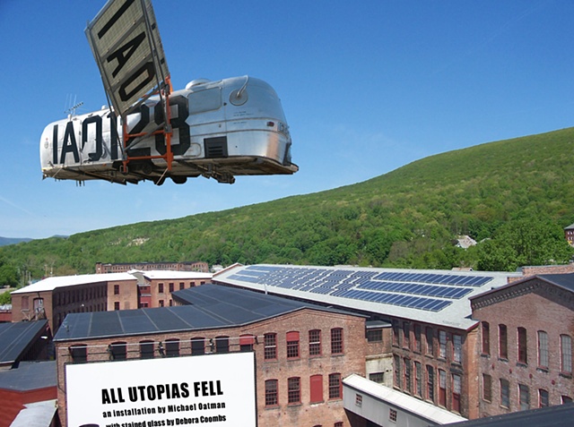 space satellite homemade from 1970�s Airstream trailer  flying over MASS MoCA �Michael Oatman" at Massachusetts Museum of Contemporary Art. Twelve 12 raccoons �All Utopias Fell� fictitious 1970�s amateur astronaut