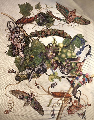 Merian, collage, Dominique Paul, muscle, male body, balck man, prison, genetic, insects, botanical,