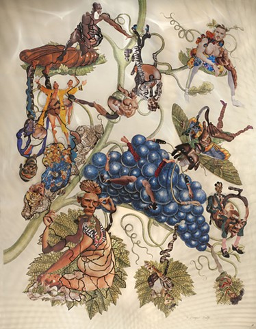 Merian, collage, Dominique Paul, muscle, male body, pregnant, genetic, insects, botanical,
