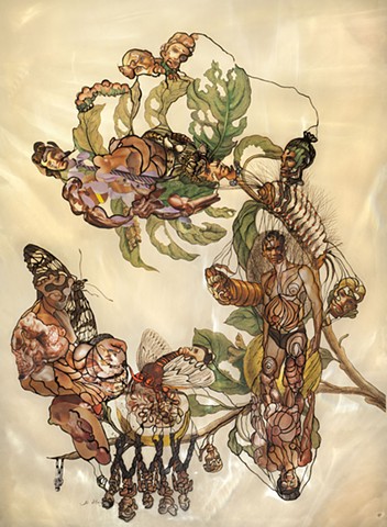 Merian, collage, Dominique Paul, muscle, male body, pregnant, genetic, insects, botanical,
