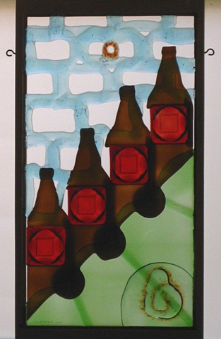 recycled bottle glass and red ashtrays.
