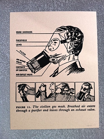 the civilian gas mask illustration was issued to warn the american public in times of impending war, circa WWII wartime cold war propaganda pamphlet