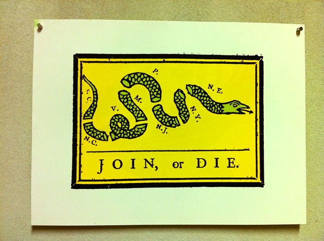 Join Or Die americana united states of america woodblock lino block protest poster benjamin franklin philadelphia