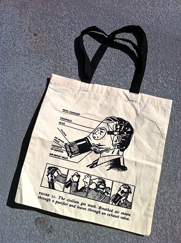 Hand Pulled-Screen Printed Shopping Tote. The Civilian Gas Mask-Breathed air enters through a purifier and leaves through an exhaust valve. wartime cold war propaganda safety pamphlet