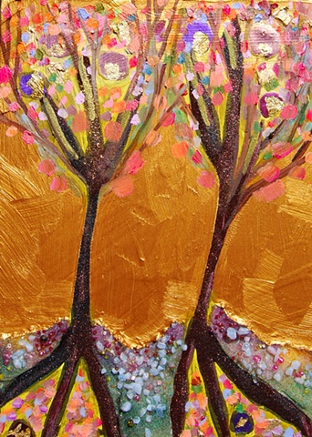 Two Tiny Plum Trees in Antique Gold