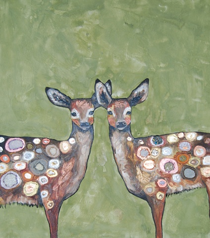 Two Jeweled Fawns in Green Milk Paint
