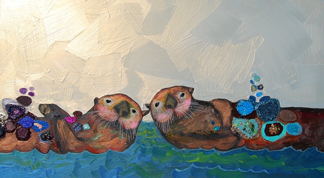 Two Sea Otters in Iridescent Orange Sky 