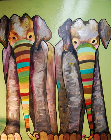 Pair of Painted Elephants in Green with Copper Toes