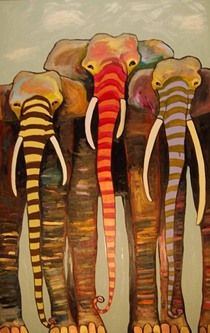 Painted Elephant Trio with Gold and Copper Toes under Clouds