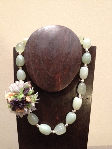 prehnite, pearls, silver jinglies, and silk flower