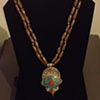 long wooden necklace w/ turquoise & coral tibetan centerpiece