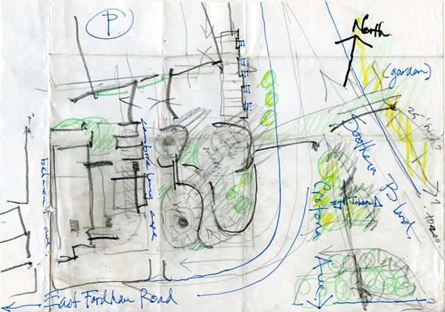 "Desk crit sketch by Prof. Cathcart on Bala Strivistava's St. Francis Vet School project, April 2017. pencil, marker, pen & highlighter on 11” x 17” original, trimmed & folded (detail)."