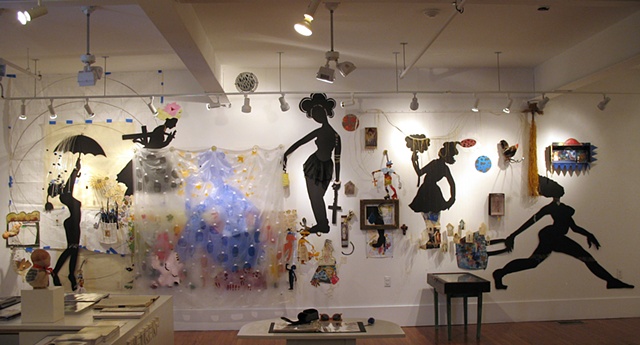 Large sculptural works often based on wall grids - mathematical grids plotted, drawn and then drilled directly into the gallery walls - with a multiplicity of materials and found objects falling into the viewers space to create a three dimensional languag