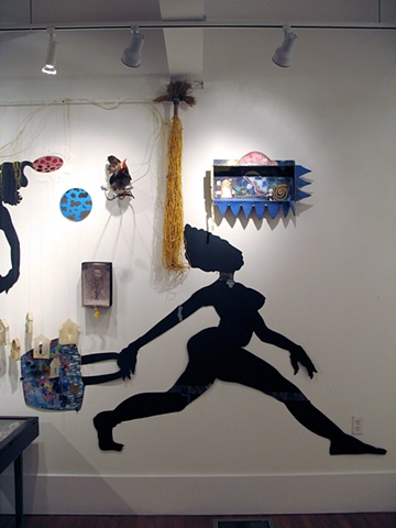 Large sculptural works often based on wall grids - mathematical grids plotted, drawn and then drilled directly into the gallery walls - with a multiplicity of materials and found objects falling into the viewers space to create a three dimensional languag