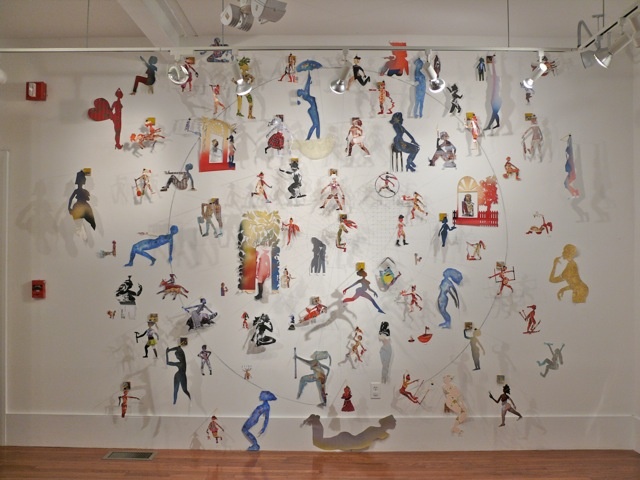 Large sculptural works often based on wall grids - mathematical grids plotted, drawn and then drilled directly into the gallery walls - with a multiplicity of materials and found objects falling into the viewers space to create a three dimensional languag