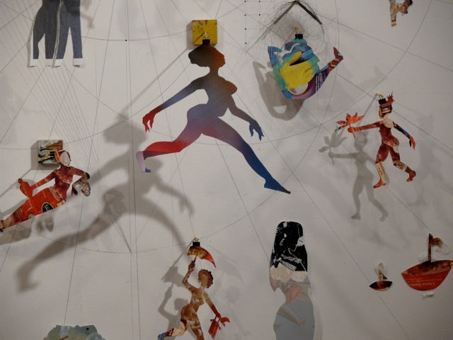 Large sculptural works often based on wall grids - mathematical grids plotted, drawn and then drilled directly into the gallery walls - with a multiplicity of materials and found objects falling into the viewers space to create a three dimensional languag