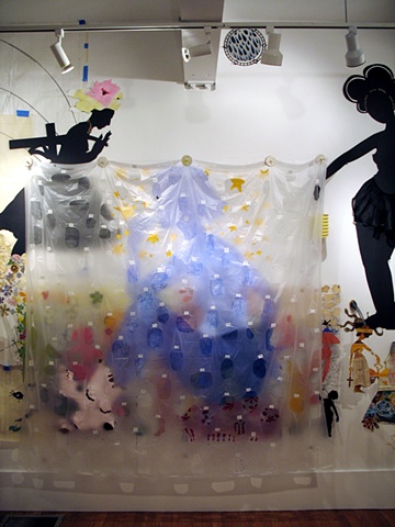 Large sculptural works often based on wall grids - mathematical grids plotted, drawn and then drilled directly into the gallery walls - with a multiplicity of materials and found objects falling into the viewers space to create a three dimensional languag