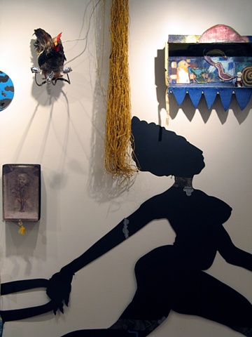 Large sculptural works often based on wall grids - mathematical grids plotted, drawn and then drilled directly into the gallery walls - with a multiplicity of materials and found objects falling into the viewers space to create a three dimensional languag