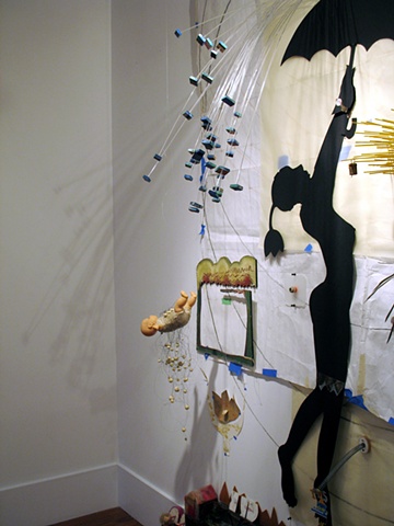 Large sculptural works often based on wall grids - mathematical grids plotted, drawn and then drilled directly into the gallery walls - with a multiplicity of materials and found objects falling into the viewers space to create a three dimensional languag