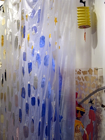 Large sculptural works often based on wall grids - mathematical grids plotted, drawn and then drilled directly into the gallery walls - with a multiplicity of materials and found objects falling into the viewers space to create a three dimensional languag