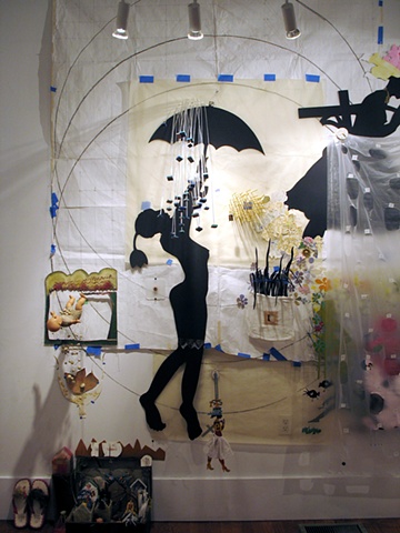 Large sculptural works often based on wall grids - mathematical grids plotted, drawn and then drilled directly into the gallery walls - with a multiplicity of materials and found objects falling into the viewers space to create a three dimensional languag