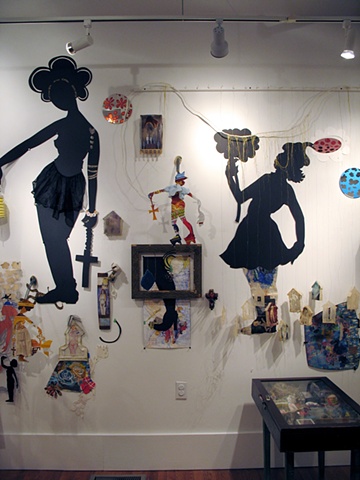 Large sculptural works often based on wall grids - mathematical grids plotted, drawn and then drilled directly into the gallery walls - with a multiplicity of materials and found objects falling into the viewers space to create a three dimensional languag
