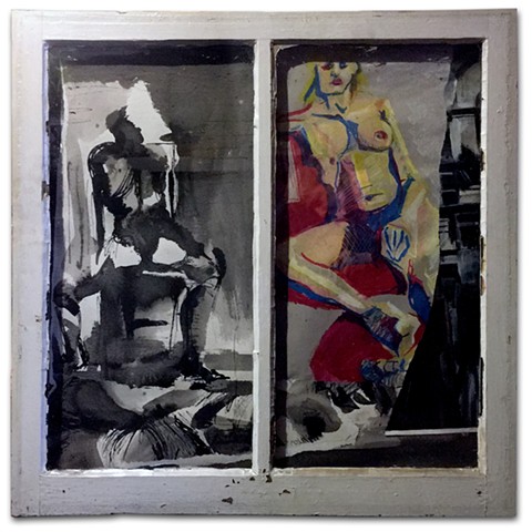 Dynamic, bold collage of original figure studies and found objects.