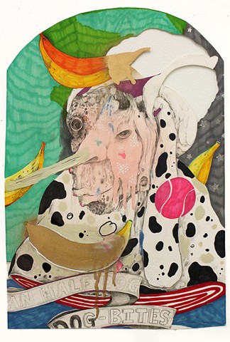 Self Portrait with blisters, empty head, long nose, bananas, and a pink tennis ball