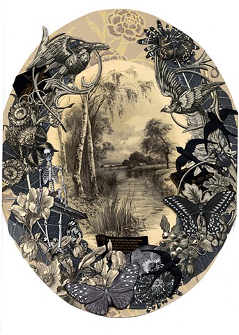 Collage styled as a Victorian mourning wreath made with original antique papers by Cincinnati collage artist Sara Caswell-Pearce.