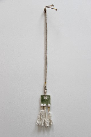 square ceramic pendant necklace with fiber tassels