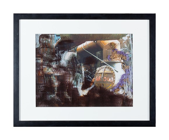 Mixed media screenprint with carpenter bee. Background photo taken at Carrie Furnace at former Carnegie Steel Homestead Works industrial site