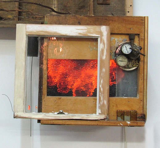 "MultiTell-a-Visions" (DETAIL) sculpture of wood and digital animations by Water Kerner