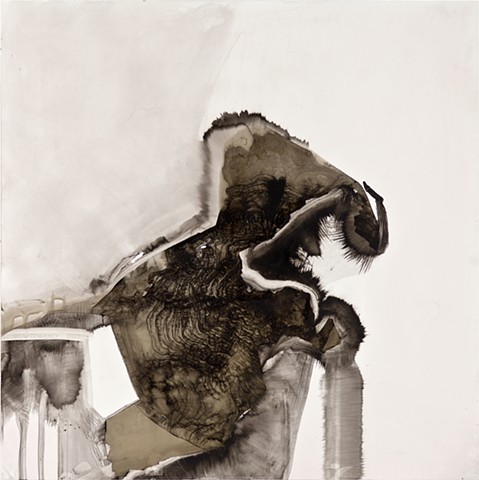 Sumi Ink, Colored Ink, Oil Stick, Wood Glue on White Polypropylene, mounted on Wood Board