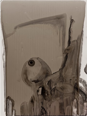 Sumi Ink, Colored Ink, Oil Stick, Wood Glue on White Polypropylene, mounted on Wood Board