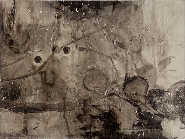 Sumi Ink, Colored Ink, Oil Stick, Wood Glue on White Polypropylene, mounted on Wood Board
