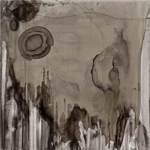Sumi Ink, Colored Ink, Oil Stick, Wood Glue on White Polypropylene, mounted on Wood Board