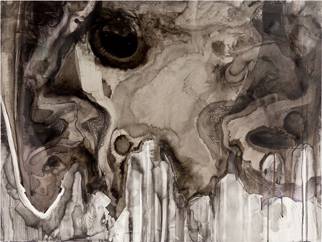 Sumi Ink, Colored Ink, Oil Stick, Wood Glue on White Polypropylene, mounted on Wood Board