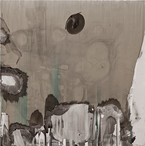 Sumi Ink, Colored Ink, Oil Stick, Wood Glue on White Polypropylene, mounted on Wood Board