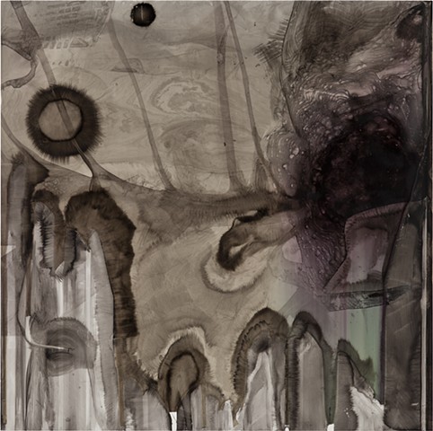 Sumi Ink, Colored Ink, Oil Stick, Wood Glue on White Polypropylene, mounted on Wood Board