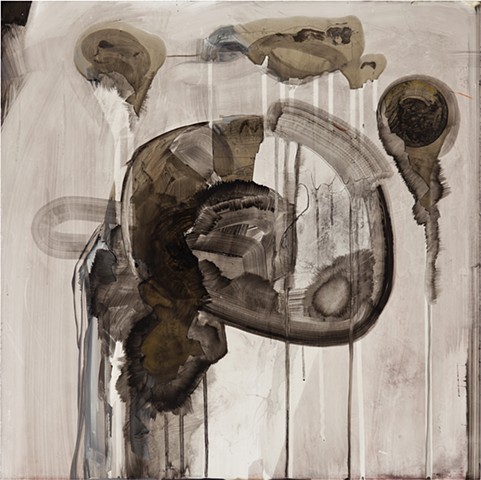 Sumi Ink, Colored Ink, Oil Stick, Wood Glue on White Polypropylene, mounted on Wood Board