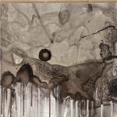 Sumi Ink, Colored Ink, Oil Stick, Wood Glue on White Polypropylene, mounted on Wood Board